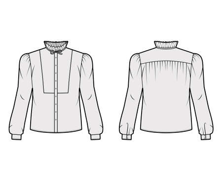 Bow-detailed blouse technical fashion illustration with ruffled collar, long sleeves with cuff, paneled front. Flat apparel shirt template front, back, grey color. Women men, unisex top CAD mockupのイラスト素材