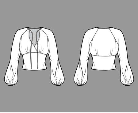 Blouse technical fashion illustration with long bishop sleeves, surplice neckline ties at front, fitted body. Flat apparel shirt template front back white color. Women men, unisex top CAD mockupのイラスト素材