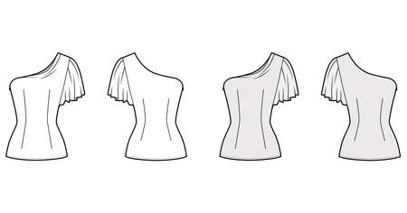 One-shoulder top technical fashion illustration with fitted body, elbow circle sleeve, side zip fastening. Flat apparel blouse template front, back white grey color. Women, men and unisex mockup CADのイラスト素材