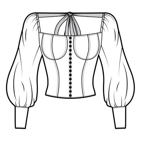 Victorian button-embellished blouse technical fashion illustration with corset-style body, billowy sleeves, ties at the back. Flat apparel shirt template front, white color. Women, men, unisex top CADのイラスト素材