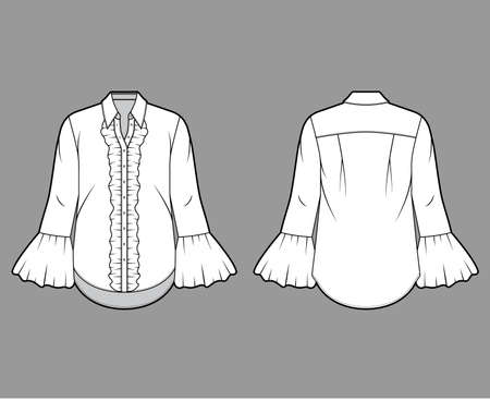 Ruffled shirt technical fashion illustration with sharp collar, voluminous fluted cuffs, long sleeves, oversized body. Flat apparel template front back white color. Women men unisex garment CAD mockupのイラスト素材