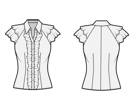 Ruffled shirt technical fashion illustration with sharp collar, fluttery ruffles short sleeves, fitted body. Flat apparel template front back grey color. Women, men unisex garment mockup for designerのイラスト素材
