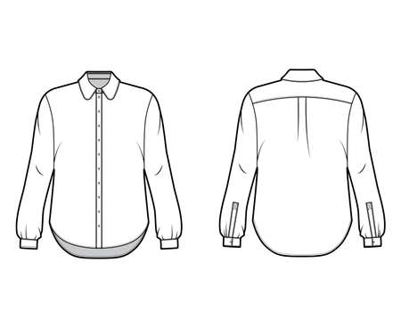 Classic shirt technical fashion illustration with button down front opening, round collar, long sleeves with cuff, oversized body. Flat apparel template front grey color. Women, men unisex CAD mockupのイラスト素材