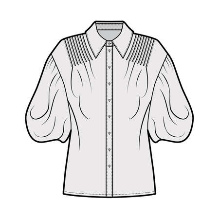 Shirt technical fashion illustration with elbow puff sleeves, oversized body, pintucks, front button fastenings. Flat apparel blouse template front, grey color. Women men unisex top garment CADのイラスト素材