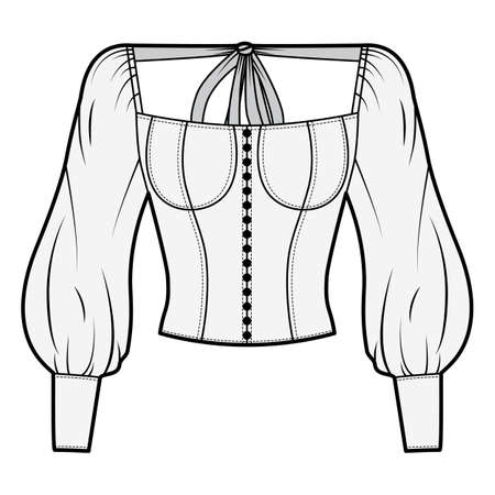 Victorian button-embellished blouse technical fashion illustration with corset-style body, billowy sleeves, ties at the back. Flat apparel shirt template front, grey color. Women, men, unisex top CADのイラスト素材