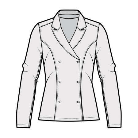 Blazer technical fashion illustration with notched lapel, fitted silhouette, double breasted opening, long sleeves. Flat apparel jacket template front, grey color. Women men unisex top CAD mockupのイラスト素材