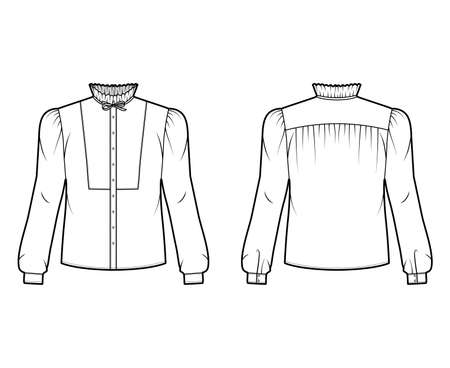Bow-detailed blouse technical fashion illustration with ruffled collar, long sleeves with cuff, paneled front. Flat apparel shirt template front, back, white color. Women men, unisex top CAD mockupのイラスト素材
