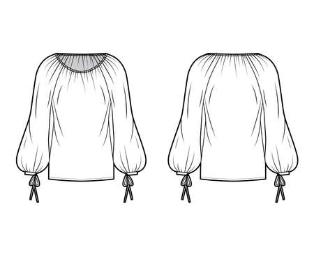 Blouse technical fashion illustration with wide round neckline, breezy silhouette, pintucked pleats, bishop sleeves. Flat apparel shirt template front back white color. Women men unisex top CAD mockupのイラスト素材