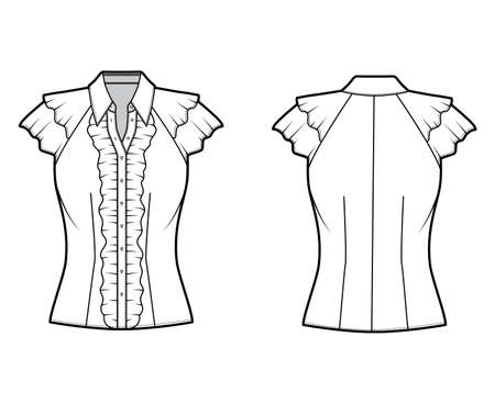 Ruffled shirt technical fashion illustration with sharp collar, fluttery ruffles short sleeves, fitted body. Flat apparel template front back white color. Women, men unisex garment mockup for designerのイラスト素材
