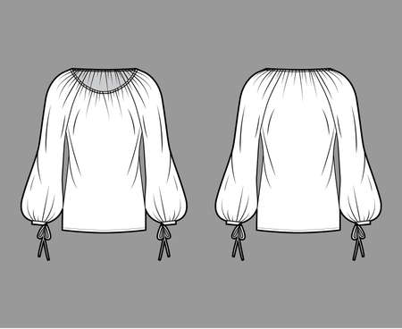 Blouse technical fashion illustration with wide round neckline, breezy silhouette, pintucked pleats, bishop sleeves. Flat apparel shirt template front back white color. Women men unisex top CAD mockupのイラスト素材