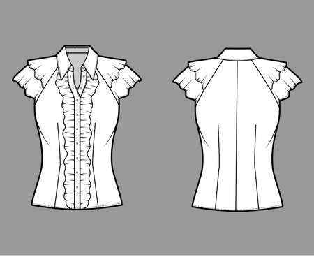 Ruffled shirt technical fashion illustration with sharp collar, fluttery ruffles short sleeves, fitted body. Flat apparel template front back white color. Women, men unisex garment mockup for designerのイラスト素材