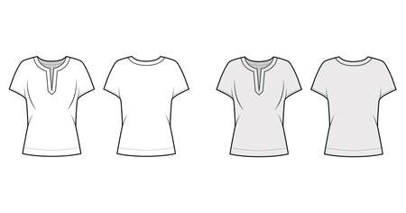 Blouse technical fashion illustration with split neckline, relaxed silhouette, wide short cap sleeves. Flat apparel shirt template front, back, white grey color. Women men unisex top CAD mockupのイラスト素材