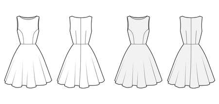 Dress technical fashion illustration with fitted body, boat neck, sleeveless, semi-circular fullness, knee length. Flat apparel template front, back, white and grey color. Women, men unisex CAD mockupのイラスト素材