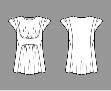 Blouse technical fashion illustration with oversized body, gathered front and back, for a pleated effect, short, cap sleeves. Flat apparel template front, back, white color. Women, men, unisex mockupのイラスト素材