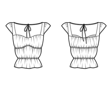 Shirt technical fashion illustration with oversized body, concealed button fastenings along front, ruffles, cropped sleeves. Flat apparel template front, back, white color. Women, men unisex mockupのイラスト素材