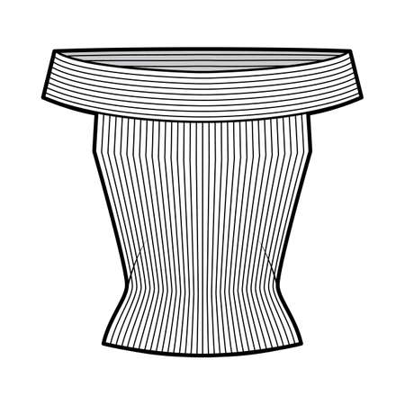 Off-the-shoulder ribbed-knit top technical fashion illustration with sleeveless, close-fitting shape. Flat apparel template front, white color. Women, men, unisex CAD mockupのイラスト素材