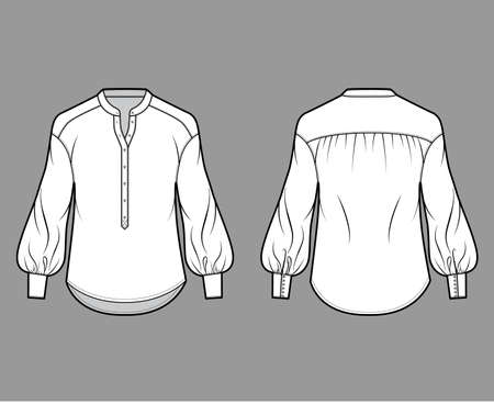Gathered blouse technical fashion illustration with curved mandarin collar, henley neck, long bishop sleeves with cuff. Flat apparel shirt template front back, white color. Women, men, unisex top CADのイラスト素材
