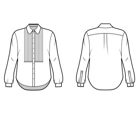 Shirt technical fashion illustration with bib, button down front opening, round collar, long sleeves with cuff, oversized body. Flat apparel template front back white color. Women, men unisex mockupのイラスト素材