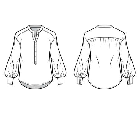 Gathered blouse technical fashion illustration with curved mandarin collar, henley neck, long bishop sleeves with cuff. Flat apparel shirt template front back, white color. Women, men, unisex top CADのイラスト素材