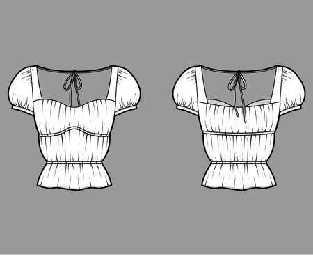 Shirt technical fashion illustration with oversized body, concealed button fastenings along front, ruffles, cropped sleeves. Flat apparel template front, back, white color. Women, men unisex mockupのイラスト素材