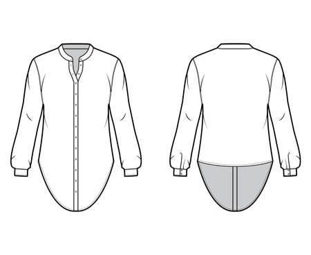 Shirt technical fashion illustration with curved mandarin stand collar and long sleeves with cuff. Flat apparel blouse template front back, white color. Women, men and unisex top CAD mockupのイラスト素材