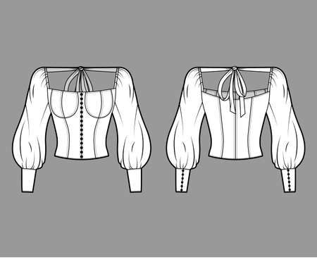 Victorian button-embellished blouse technical fashion illustration with corset-style body, billowy sleeves, ties at the back. Flat apparel shirt template front back white color. Women, men, unisex topのイラスト素材