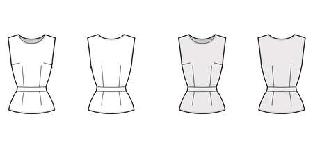 Belted top technical fashion illustration with round neck, sleeveless, fitted body, side concealed zip fastening. Flat apparel blouse template front back, white, grey color. Women, men, unisex mockupのイラスト素材