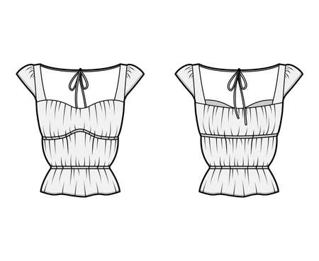 Shirt technical fashion illustration with oversized body, concealed button fastenings along front, ruffles, cropped sleeves. Flat apparel template front, back, white color. Women, men unisex mockupのイラスト素材