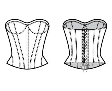 Corset-style top technical fashion illustration with fitted body, scoop strapless neckline, lacing back. Flat blouse apparel template front, back, white color. Women, men unisex CAD mockupのイラスト素材