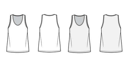 Tank top technical fashion illustration with oversized body, bonded deep V-neckline, sleeveless. Flat shirt apparel template front, back, white and grey color. Women, men unisex CAD mockupのイラスト素材