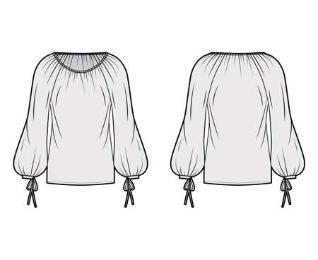 Blouse technical fashion illustration with wide round neckline, breezy silhouette, pintucked pleats, bishop sleeves. Flat apparel shirt template front back, grey color. Women men unisex top CAD mockupのイラスト素材