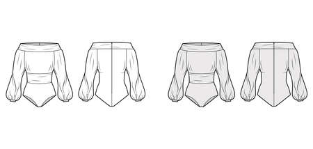 Off-the-shoulder bodysuit technical fashion illustration with long romantic blouson sleeves, back zip fastening. Flat apparel blouse template front, back white grey color. Women, men and unisex mockupのイラスト素材