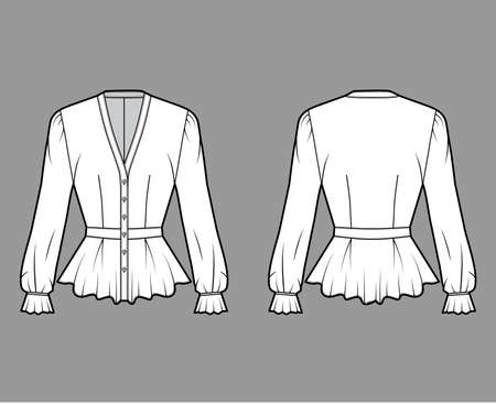Peplum blouse technical fashion illustration with, V-neckline, baseball collar, romantic sleeves, pleated hem, fitted. Flat shirt apparel template front, back white color. Women men unisex top mockupのイラスト素材