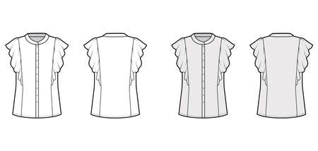 Shirt technical fashion illustration with oversized body, mandarin collar, front button fastenings, ruffled sleeves. Flat blouse apparel template front, back, white grey color. Women men unisex mockupのイラスト素材