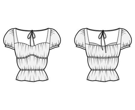 Shirt technical fashion illustration with oversized body, concealed button fastenings along front, ruffles, cropped sleeves. Flat apparel template front, back, white color. Women, men unisex mockupのイラスト素材