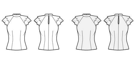 Blouse technical fashion illustration set with high neckline banded collar, fluttery ruffles short sleeves, fitted body. Flat apparel template front, back white grey color. Women men unisex CAD mockupのイラスト素材