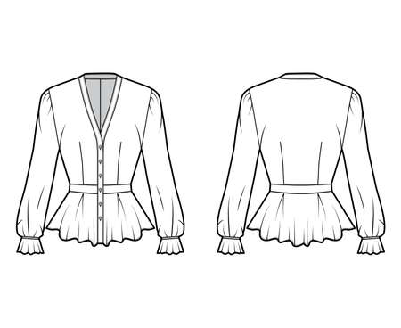 Peplum blouse technical fashion illustration with, V-neckline, baseball collar, romantic sleeves, pleated hem, fitted. Flat shirt apparel template front, back white color. Women men unisex CAD mockupのイラスト素材