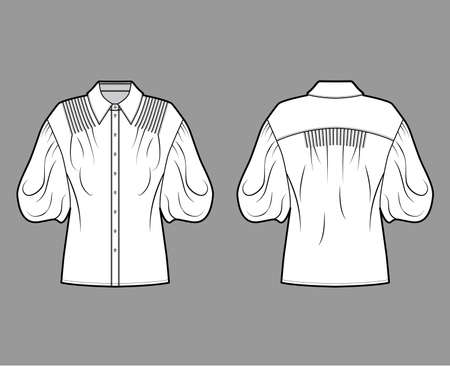 Shirt technical fashion illustration with elbow puff sleeves, oversized body, pintucks, front button fastenings. Flat apparel blouse template front, back white color. Women men unisex top garment CADのイラスト素材