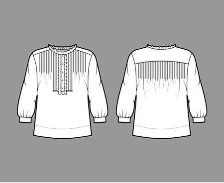 Shirt technical fashion illustration with oversized body, concealed button fastenings along front, ruffles, cropped sleeves. Flat apparel template front, back, white color. Women, men unisex mockupのイラスト素材