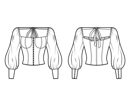 Victorian button-embellished blouse technical fashion illustration with corset-style body, billowy sleeves, ties at the back. Flat apparel shirt template front back white color. Women, men, unisex topのイラスト素材