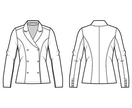 Blazer technical fashion illustration with notched lapel, fitted silhouette, double breasted opening, long sleeves. Flat apparel jacket template front, back, white color. Women men unisex CAD mockupのイラスト素材