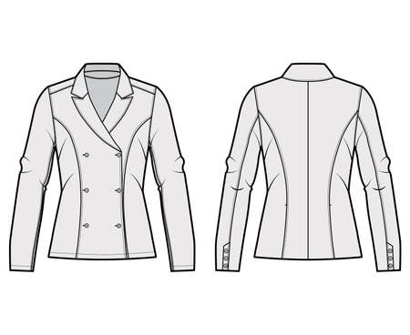 Blazer technical fashion illustration with notched lapel, fitted silhouette, double breasted opening, long sleeves. Flat apparel jacket template front, back grey color. Women men unisex top CAD mockupのイラスト素材