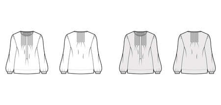 Pintucked top technical fashion illustration with oversized body, banded henley collar, long sleeves. Flat blouse apparel template front, back, white grey color. Women, men unisex shirt CAD mockupのイラスト素材