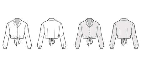 Cropped tie-front shirt technical fashion illustration with notched lapel collar and long sleeves. Flat apparel blouse template front back, white and grey color. Women, men and unisex top CAD mockupのイラスト素材