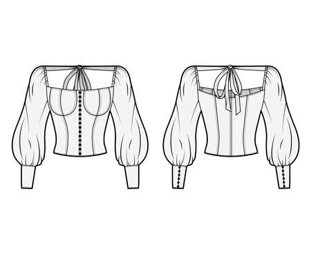 Victorian button-embellished blouse technical fashion illustration with corset-style body, billowy sleeves, ties at the back. Flat apparel shirt template front back grey color. Women, men, unisex topのイラスト素材