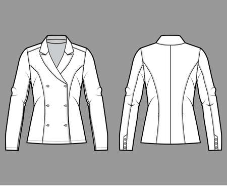 Blazer technical fashion illustration with notched lapel, fitted silhouette, double breasted opening, long sleeves. Flat apparel jacket template front, back, white color. Women men unisex top mockupのイラスト素材