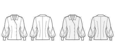 Blouse technical fashion illustration set with regular collar, long bishop sleeves, fitted body, double breasted. Flat apparel template front back white grey color. Women men unisex CAD garment mockupのイラスト素材