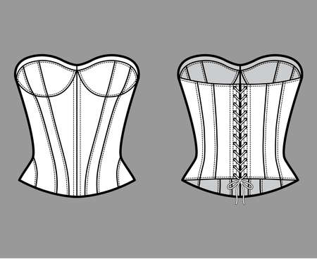 Corset-style top technical fashion illustration with fitted body, scoop strapless neckline, lacing back. Flat blouse apparel template front, back, white color. Women, men unisex CAD mockupのイラスト素材