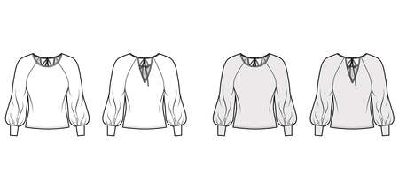 Blouse technical fashion illustration with wide round neck, exaggerated balloon raglan sleeves. sleeves, ties at back. Flat apparel shirt template front, back, white grey color. Women men unisex topのイラスト素材