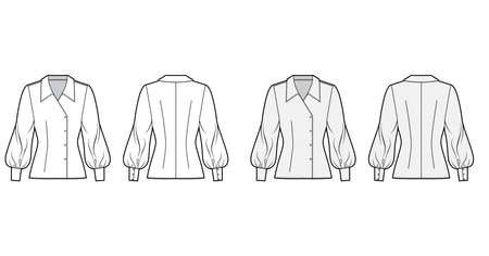 Blouse technical fashion illustration with oversized collar, long bishop sleeves, fitted body, double breasted. Flat apparel template front, back grey white color. Women, men unisex CAD garment mockupのイラスト素材